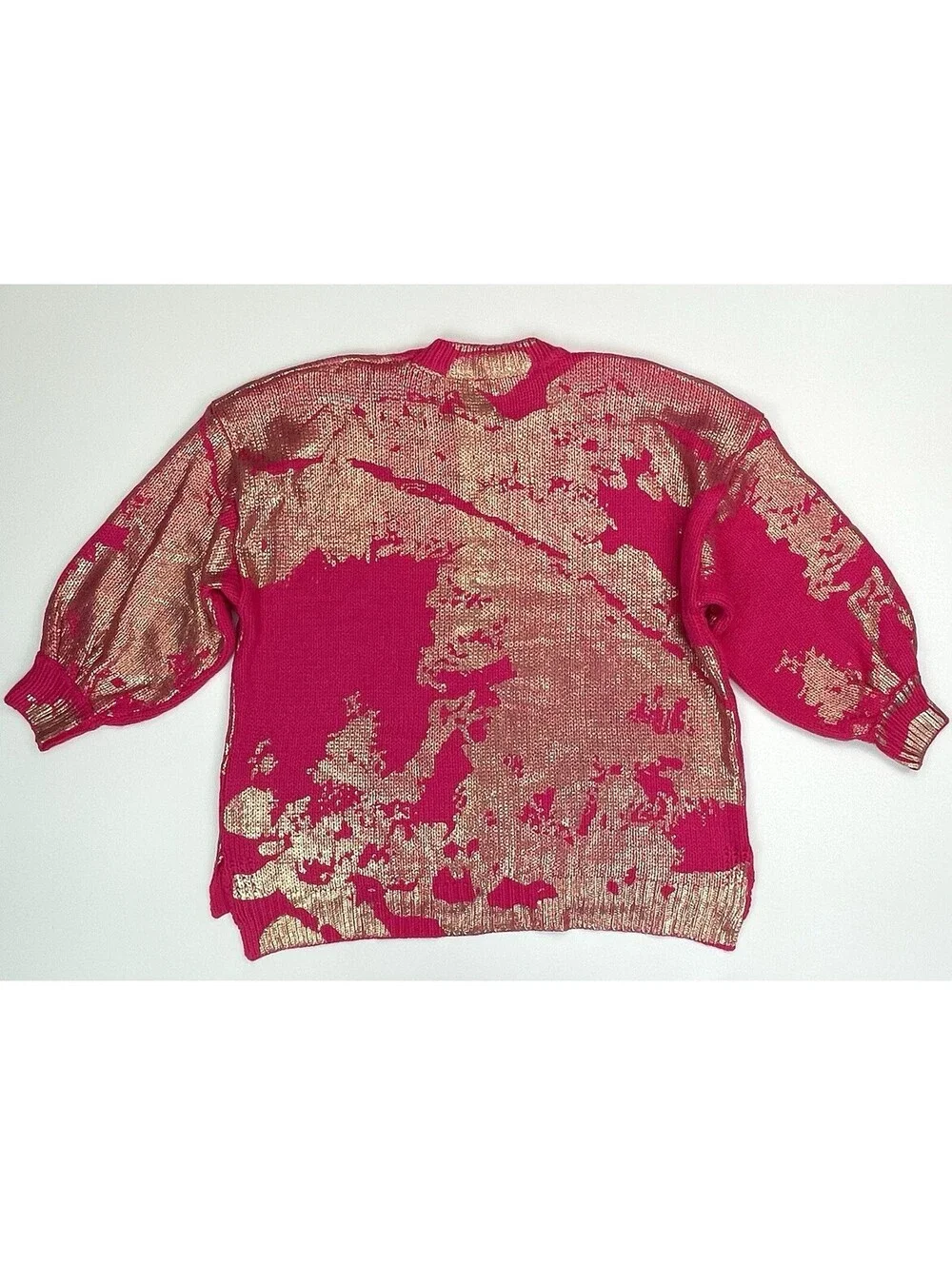 NWT Jodifl Hot Pink Metallic Gold Foil Sweater Oversized Distressed Knit Top S